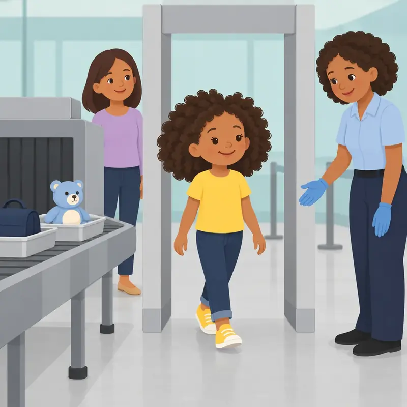 The child walks through the security doorway. A teddy rides on the belt, and a worker in gloves waits.