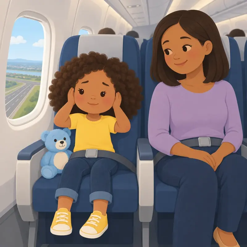 The child covers both ears in the airplane seat during takeoff. A grown-up sits close by.