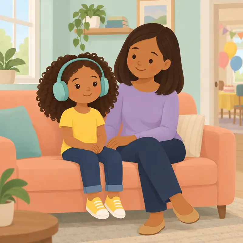 The child wears headphones and sits on a sofa in a quiet room. A grown-up sits close by.