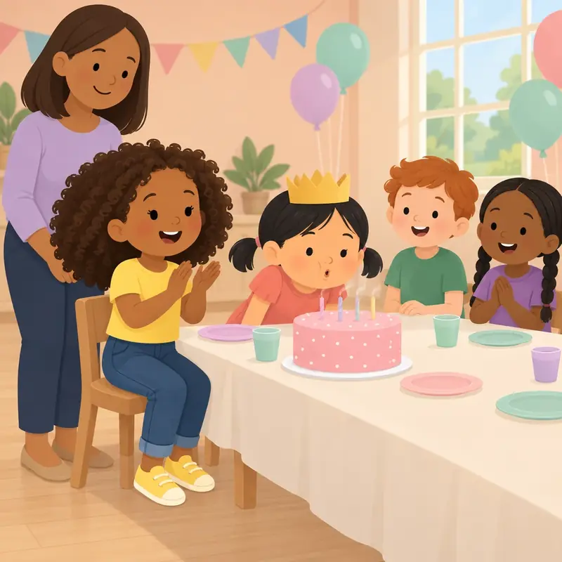The birthday friend blows out the candles on the cake. The child claps. A grown-up is close by.