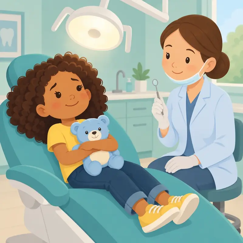The child sits in the big dentist chair hugging a teddy. The dentist sits close by.