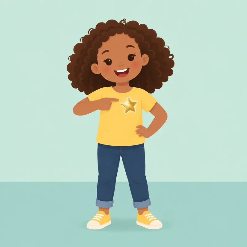 The child smiles and points to a star sticker.