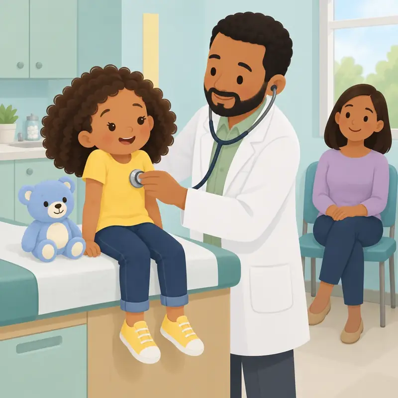 The child sits on the exam table. The doctor listens to the child's heart with a stethoscope. A grown-up sits nearby.