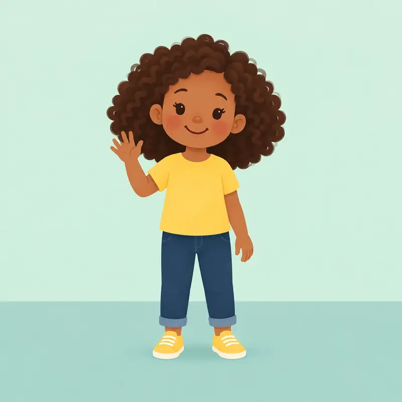 The child stands and waves hello.