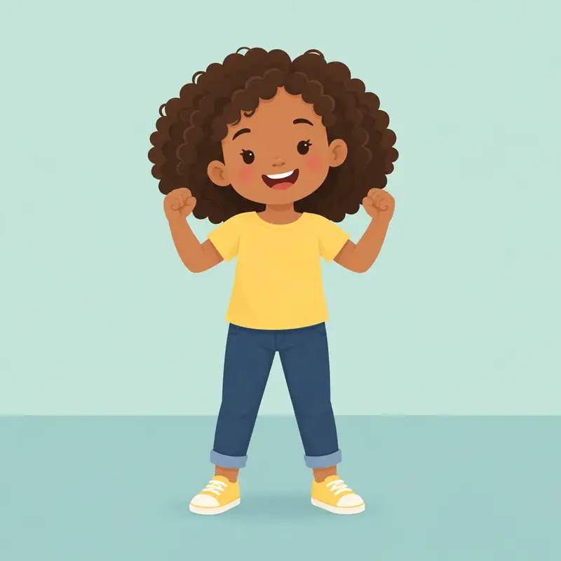 The child smiles and makes strong arms, feeling proud.
