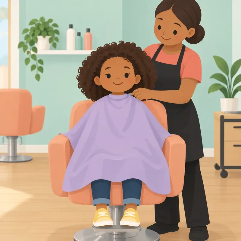 The child sits in the salon chair. The hairdresser puts a cape on The child.