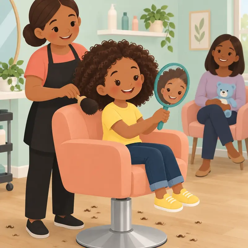 The child looks in a mirror and smiles, proud of the new haircut.
