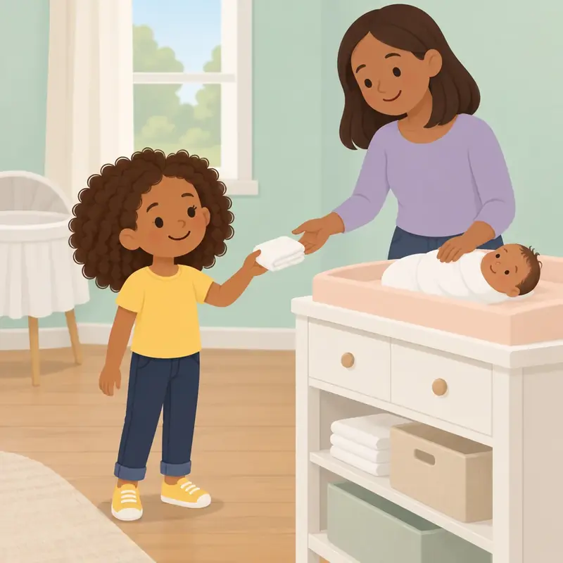 The child hands a diaper to A grown-up, who keeps a hand on the baby at the changing table.