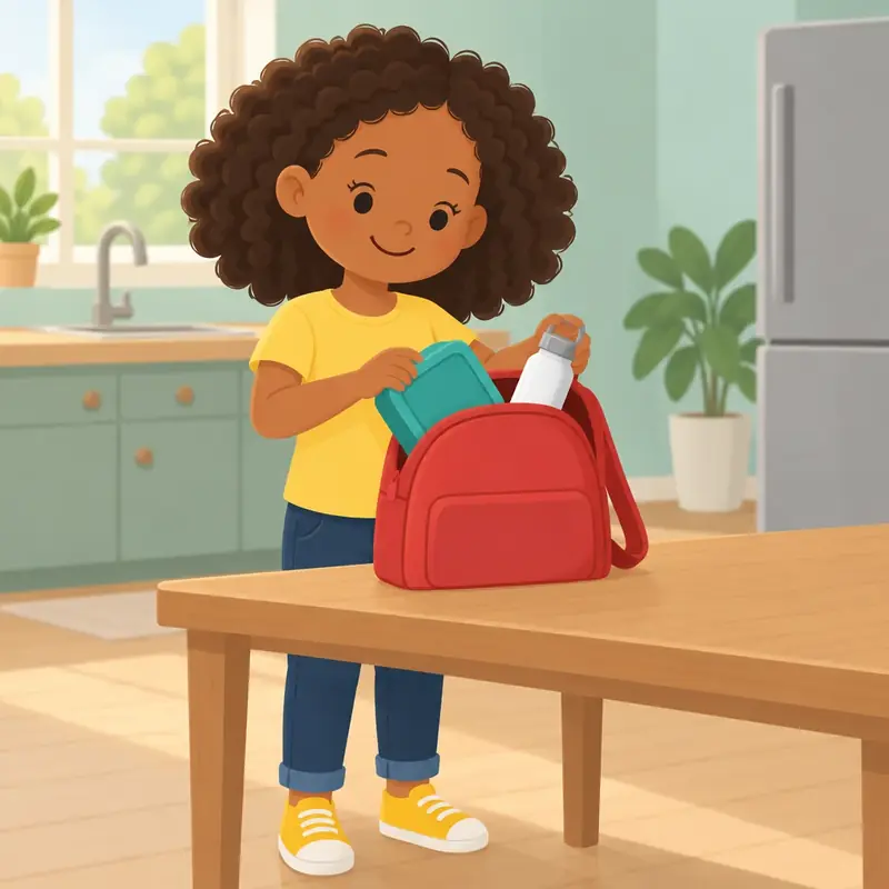 The child puts a lunch box into a red backpack at the kitchen table.