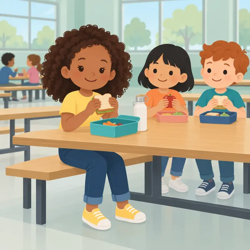The child eats lunch at a long table with other kids.