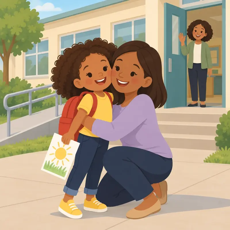 A grown-up hugs The child outside the school. The child holds a painting. The teacher waves from the door.